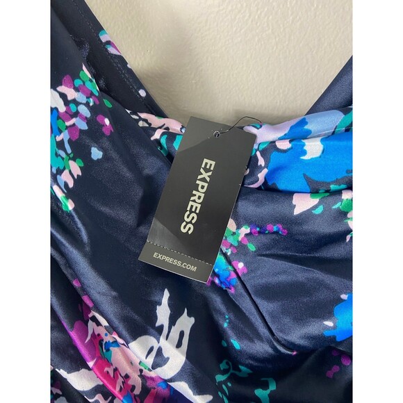 EXPRESS Dress Ruched Satin Navy Purple Floral Cocktail Dress 6 - Picture 3 of 9
